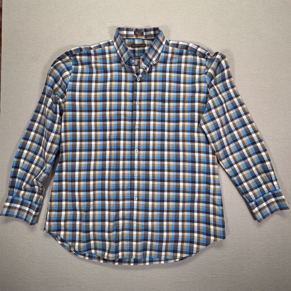 Peter Millar Mens Button Down Classic Fit Blue Brown Plaid Cotton XL